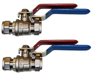 TC Pack of 2 x 15mm Lever Ball Valve Full Bore Compression Isolation Valve Red/Blue Dual Handle Shut Off Isolating Valve Full Flow - WRAS Approved