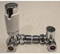 TC Premium Corner Angled Thermostatic Radiator Valves & Lockshield Valve 15mm Chrome White TRV Pack
