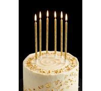 TC Toys - 6 Pack Tall Gold Glitter Candles with Holders (14cm) - Elegant Sparkling Birthday Cake Decorations - Reusable Long Thin Wax Tapers for Anniversary, Wedding & Party Toppers