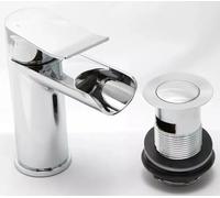 TC Waterfall Open SPOUT Bathroom Basin Sink Mixer Tap Modern Mono Round Single Lever Handle Faucet Chrome Includes a Click Clack Push Button Slotted Basin Waste