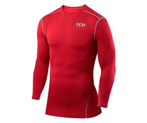 TCA Mens & Boys Pro Performance Compression Shirt Long Sleeve Top Compression Tops for Men Base Layers Men - Red, M