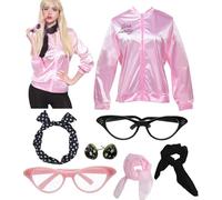 Tcairzl Halloween Cosplay Supplies Women's Retro Pink Lady 1950s Jacket Costume with Polka Dot Neck Scarf Accessory Set, Pink Color, 3XL