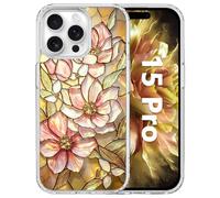 Tcaraersing for iPhone 15 Pro Magnetic Case【Compatible with MagSafe】 Aesthetic Vintage Stained Glass Bloom Flower Design, Slim Fit Hard PC Back Shockproof Cute Clear Phone Cover, Amber Peony