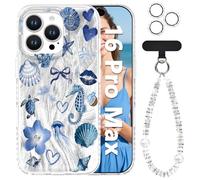 Tcaraersing for iPhone 16 Pro Max Glitter Case with Bling Wrist Strap and Lens Cover, Cute Sea Shell Starfish Turtle Seahorse Cartoon Ocean Aesthetic Phone Cover for Girls Women, Blue Marine Life