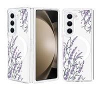 Tcaraersing for Samsung Galaxy Z Fold 5 Magnetic Flower Case, Compatible with MagSafe, Shockproof Hard PC Back Slim Transparent Phone Cover with Floral Pattern Design for Girls Women, Lavender