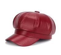 tcax Beret Hat Women Beret Cap Faux Leather Adjustable Octagon Faux Leather Painter Hats For Party,Wine Red,One Size