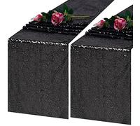 TCBESTO 2 Pack Black Sequin Table Runner 12x72 Inch, High Density Sparkly Glitter Table Runners for Wedding Reception, Birthday Party, Banquet, Baby Shower,Halloween, Black Metallic Shimmering Decor