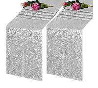 TCBESTO Silver Sequin Table Runner 2 Pack 12"x 72" Glitter Table Linen Runner Metallic Sparkly Runner for Banquet Decoration Baby Shower Wedding Birthday Event Party Supplies