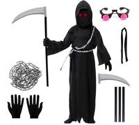 Tccydm Grim Reaper Costume Children, Halloween Costume Children Boys and Girls with Scythe, Glasses, Ghost Chains, Gloves, Halloween Scythe Grim Reaper Cape for Halloween, Carnival, Cosplay (L)