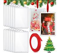 Tcevily 12 Pieces Christmas Arcylic Picture Frames Ornament, 2 x 3 Clear Hanging Photo Frame Mini Frames with Ribbon Xmas Picture Frame for Christmas Trees Decoration (12, Rectangle)