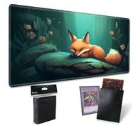 TCG Playmat Board Game Mat Plus 50 Pcs Card Sleeves, 24 x 14 Table Mats Game Mousepad with Soft Surface Non-Slip Base for MTG RPG CCG Trading Card Game Playmats, Sleeping Fox
