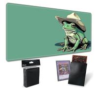 TCG Playmat Board Game Mat Plus 50 Pcs Card Sleeves, 24 x 14 Table Mats Game Mousepad with Soft Surface Non-Slip Base for MTG RPG CCG Trading Card Game Playmats, Green Frog