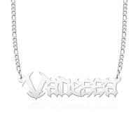 TCHYUN Old English Name Necklace Gothic Nameplate Pendant Jewerly Figaro Link Chain Gift for Her Him, Stainless Steel, No Gemstone