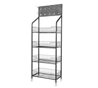 TCICOP 4 Tier Vegetable Storage Rack with Wheels, 50x27x140cm, Includes 10 Hooks & Screwdriver, Kitchen & Retail Display Organiser, Black, Ideal for Shops, Homes, Fruit and Veg Storage