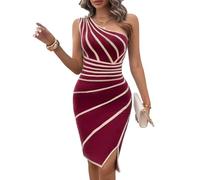 TcIFE Women's One Shoulder Striped Bodycon Dress Sleeveless Asymmetrical Striped Side Slit Midi Dresses Elegant Slim Fit Party Sweater Dress Wine
