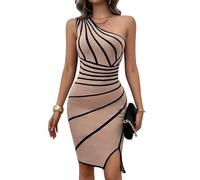 TcIFE Women's One Shoulder Striped Bodycon Dress Sleeveless Asymmetrical Striped Side Slit Midi Dresses Elegant Slim Fit Party Sweater Dress Apricot