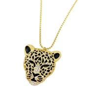 Tckyi Crystal Leopard Head Pendant Necklace, Gold Plated Chain, Black Enamel Pattern, Rhinestone Accents, Fashion Jewelry