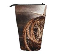 Tcoay American West Rodeo Cowboy Straw Hat Traditional Western Ranching Rope Old Wood Ranch Barn,Standing Pencil Holder Stationery Bag Pencil Pouch Organizer Telescopic Pencil Case