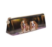 Tcoay Cavalier King Charles Spaniel White Brown Dogs, Pencil Case Portable Triangle Pencil Pouch with Zipper PVC Leather Cosmetic Bag for Teens Adults