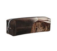 Tcoay Leather Cosmetic Pouch Bag Pencil Case Portable Cylindrical Pencil Pouch with Zipper,American West Rodeo Cowboy Straw Hat Traditional Western Ranching Rope Old Wood Ranch Barn