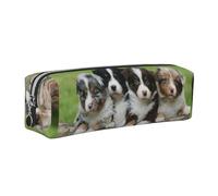 Tcoay Leather Cosmetic Pouch Bag Pencil Case Portable Cylindrical Pencil Pouch with Zipper,Australian Shepherd Small Puppies Quartet