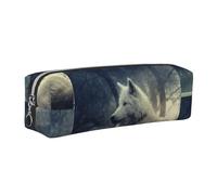 Tcoay Leather Cosmetic Pouch Bag Pencil Case Portable Cylindrical Pencil Pouch with Zipper,Grey Wolf in Moonlight