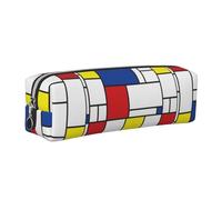Tcoay Leather Cosmetic Pouch Bag Pencil Case Portable Cylindrical Pencil Pouch with Zipper,Mondrian Minimalist De Stijl Modern Art