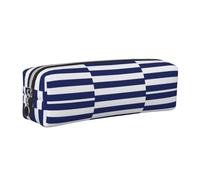 Tcoay Leather Cosmetic Pouch Bag Pencil Case Portable Cylindrical Pencil Pouch with Zipper,Navy Blue Stripes