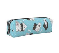 Tcoay Leather Cosmetic Pouch Bag Pencil Case Portable Cylindrical Pencil Pouch with Zipper,Old English Sheepdog Pattern