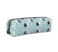 Tcoay Leather Cosmetic Pouch Bag Pencil Case Portable Cylindrical Pencil Pouch with Zipper,Old English Sheepdog Background with Hand Drawn Paws Cute Cartoon