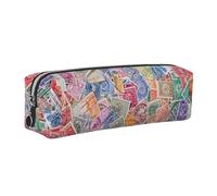 Tcoay Leather Cosmetic Pouch Bag Pencil Case Portable Cylindrical Pencil Pouch with Zipper,Old Postage Stamps Various Countries