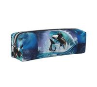 Tcoay Leather Cosmetic Pouch Bag Pencil Case Portable Cylindrical Pencil Pouch with Zipper,Orca Killer Whales Wave