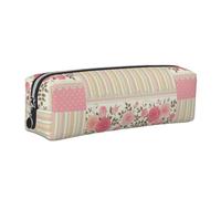 Tcoay Leather Cosmetic Pouch Bag Pencil Case Portable Cylindrical Pencil Pouch with Zipper,Pink Floral Polka Dots Neutral Striped Combo Vintage Shabby Chic Flower Lace Pattern