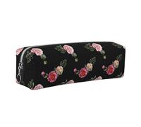 Tcoay Leather Cosmetic Pouch Bag Pencil Case Portable Cylindrical Pencil Pouch with Zipper,Pink Red Roses Vintage Floral On Black Pattern