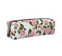 Tcoay Leather Cosmetic Pouch Bag Pencil Case Portable Cylindrical Pencil Pouch with Zipper,Pink Rose On White
