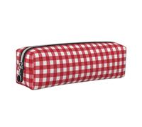 Tcoay Leather Cosmetic Pouch Bag Pencil Case Portable Cylindrical Pencil Pouch with Zipper,Red Plaid Checkered Abstract