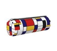 Tcoay Pencil Case Leather Cosmetic Pouch Bag Portable Pencil Pouch with Silver Zipper,Artistic Mondrian Style Color Composition Red