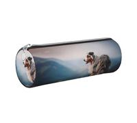 Tcoay Pencil Case Leather Cosmetic Pouch Bag Portable Pencil Pouch with Silver Zipper,Australian Shepherd Mountains Aussie Pets Dogs