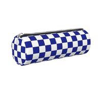 Tcoay Pencil Case Leather Cosmetic Pouch Bag Portable Pencil Pouch with Silver Zipper,Blue and White Checkered Pattern