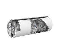 Tcoay Pencil Case Leather Cosmetic Pouch Bag Portable Pencil Pouch with Silver Zipper,Blue-Eyed Wolf
