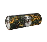 Tcoay Pencil Case Leather Cosmetic Pouch Bag Portable Pencil Pouch with Silver Zipper,Happy Border Collie Dog Flowers