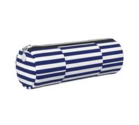 Tcoay Pencil Case Leather Cosmetic Pouch Bag Portable Pencil Pouch with Silver Zipper,Navy Blue Stripes