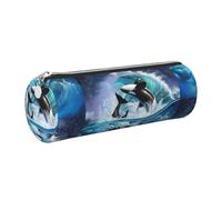 Tcoay Pencil Case Leather Cosmetic Pouch Bag Portable Pencil Pouch with Silver Zipper,Orca Killer Whales Wave