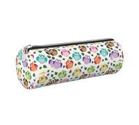 Tcoay Pencil Case Leather Cosmetic Pouch Bag Portable Pencil Pouch with Silver Zipper,Owl Pattern with Leaves Closed Crossed Eyes Funny Humor Comic Artistic