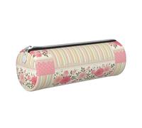 Tcoay Pencil Case Leather Cosmetic Pouch Bag Portable Pencil Pouch with Silver Zipper,Pink Floral Polka Dots Neutral Striped Combo Vintage Shabby Chic Flower Lace Pattern