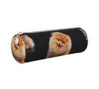 Tcoay Pencil Case Leather Cosmetic Pouch Bag Portable Pencil Pouch with Silver Zipper,Pomeranian Dog Puppy Cute