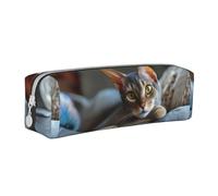 Tcoay Pencil Case Portable Cylindrical Pencil Pouch with Zipper Leather Cosmetic Pouch Bag,Abyssinian Cat On The Sofa