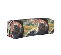 Tcoay Pencil Case Portable Cylindrical Pencil Pouch with Zipper Leather Cosmetic Pouch Bag,Flowers Green Grass Cat Sunshine