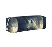 Tcoay Pencil Case Portable Cylindrical Pencil Pouch with Zipper Leather Cosmetic Pouch Bag,Grey Wolf in Moonlight