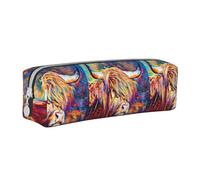 Tcoay Pencil Case Portable Cylindrical Pencil Pouch with Zipper Leather Cosmetic Pouch Bag,Highland Cow Printed